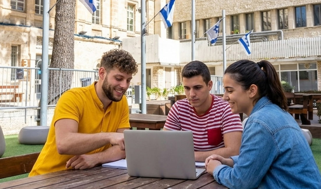 3 סטודנטים יושבים מול מחשב בקפיטריה